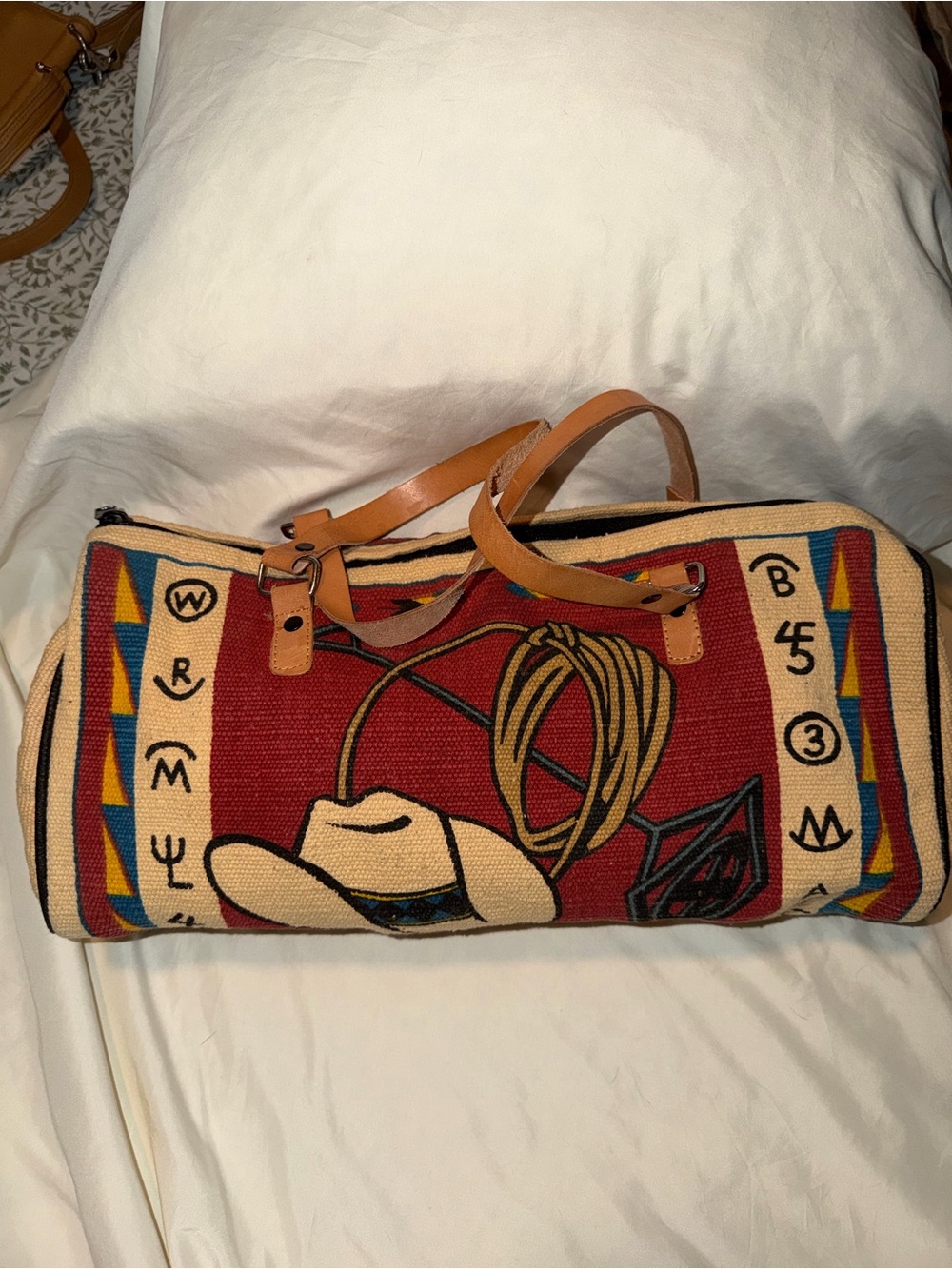 Southwestern Cowboy Print Small Weekender Bag in Red and Tan